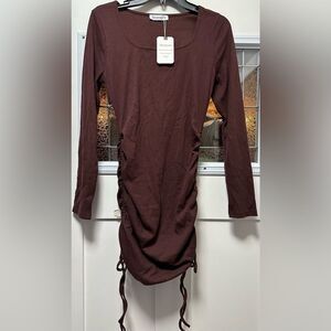 Long Sleeve Rouched Mini Dress New Brown Ribbed Bodycon (273)